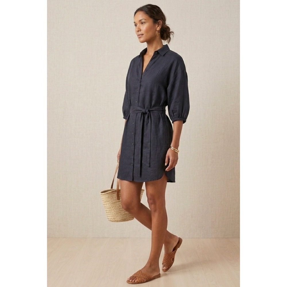 DISSH Black 100% Linen Belted Mini Shirt Dress Size 6 Puff Sleeve Collared